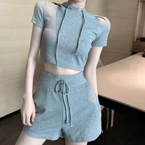구디프 여성용 데이 크롭후드티 반바지 트레이닝복 세트