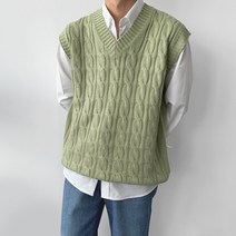 맨타임 남성용 PNV 파스텔 꽈배기 레이어드 니트 조끼