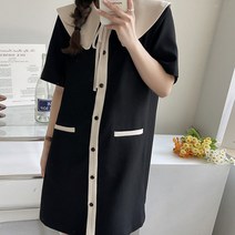 패션풀 카라 리본 배색 미디 원피스 28556