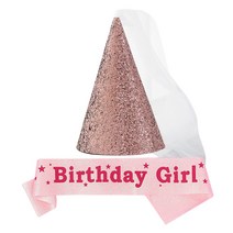 조이파티 글리터 베일 파티고깔모자   생일어깨띠 Birthday Girl 세트, 로즈골드(모자), 핑크(어깨띠), 1세트