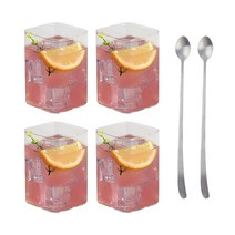 인블룸 북유럽 로고 유리 사각형 컵 H 400ml x 4p + 슬림 롱 티스푼 2p 세트, 투명(유리컵), 실버(티스푼), 1세트