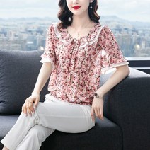 마더브띠 여성용 꽃무늬 쉬폰 반팔 블라우스