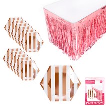 파티쇼 메탈릭 스트라이프 접시 20cm 12p + 테이블 수술커튼 대형 2p 파티 테이블 세트, 로즈골드(접시, 수술커튼), 1세트