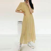 플랜데이 여성용 브이넥 앞 콩단추 허리스모크 반팔 원피스