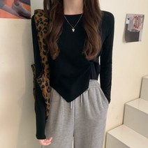 소니오 여성용 셔링 꼬임 라운드 사선 긴팔 티셔츠