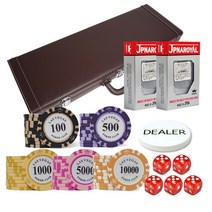 후니갬블 라스베가스 클레이칩 500p + 가죽케이스 + JPNAROYAL 카드 2p + 딜러칩 + 열쇠 2p + 주사위 16mm 5p 세트, 브라운(케이스), 투명(주사위)