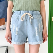헤이진 여성용 카브라 밴딩 롤업 청반바지