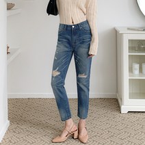 여성용 난스판 세미 배기 보이핏 데님 팬츠 CS317320