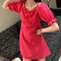 구디프 클레어 벌룬소매 반팔 체크 데이트룩 원피스