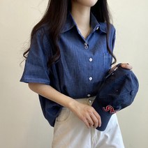 여성용 베이직 데님 데일리 반팔 청 남방 셔츠