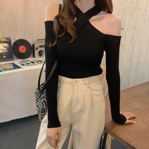 아베크 여성용 패션 니트 크로스넥 오픈 숄더 니트