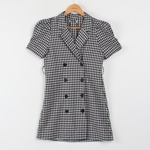 빼빼 여성용 더블버튼 체크 카라넥 퍼프소매 미니 원피스