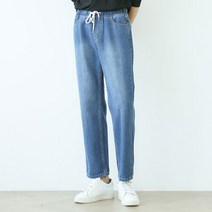 블루포스 남성용 9부 워싱 스판 데비런 와이드 밴딩 청바지