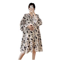 리온 퍼프 꽃 나염 쉬폰 미디 임산부 원피스 HR360