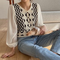 럽스 러피 패턴 뜨게 로맨틱 블라우스