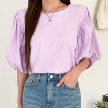 빼빼 여성용 러블리무드 라운드넥 린넨 퍼프 반팔 블라우스