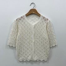 뜨개진 여성용 펀칭 스카시 스칼럽 라운드 크롭 세피로 반팔 가디건