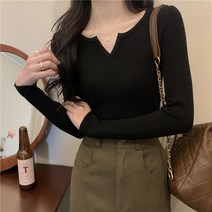 오버클래쓰 여성 니트 브이넥 슬림핏 골지 단색 기본 이너 티셔츠