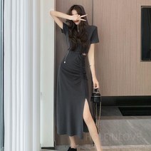 스플릿 후드 롱 드레스 롱원피스 지퍼넥 루즈핏 쉬폰