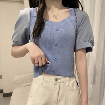 퍼프블라우스 남방 벌룬소매 병접연결 스퀘어칼라 니트 T티셔츠여성 여름 뉴타입 참신한 소금시리즈 얇은타입 어깨 상의트렌드