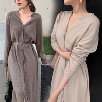 JUSTFEELING 여성 롱 니트 원피스 미디엄 트임 위딘허리끈 루즈핏 심플 슬림 브이넥 원피스