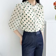 코지 여자 쉬폰 땡땡이 도트무늬 헨리넥 블라우스