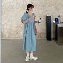 여성 반팔 셔링 롱 원피스 퍼프 소매 원피스