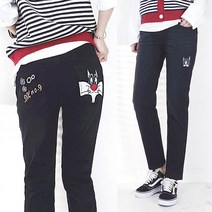 103st 캐릭터 자수 블랙진 여성 밴딩 스판 배기 청바지