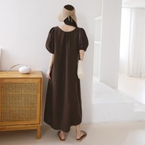 코지 데일리 베이직 린넨 퍼프소매 라운드넥 롱원피스