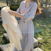 POMTOR 봄 칼라 스트랩 조임 밑단 트임 셔츠 원피스 여