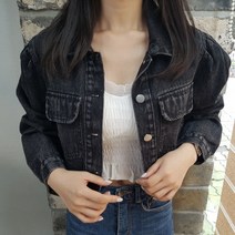 상상그이상 여성용 베이직 포켓 셔링 데님 퍼프 크롭 청자켓
