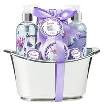 Aromatherapy Essentials 여성용 스파 세트 대형 실버 욕조. 목욕 세트에는 배쓰밤 2개 바디 로션 소금 샤워 젤 및 버블 배스라벤더 포함 USA 미국, Lavender
