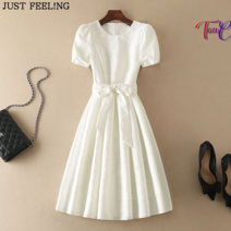 탕크 여름 라운드 넥 여성 퍼프 반팔 원피스 슬림핏 밴드 주름 하객룩 원피스 빅사이즈