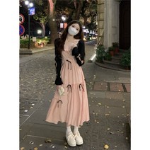 2022 년 여름 새로운 순수한 바람 요정 프랑스 드레스 틈새 활 첫 사랑 세련된 허리 긴 치마, 블랙 카디건 서스펜더 스커트, 2XL