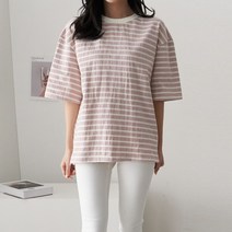 봄 여름 데일리 캐주얼 10수 면 단가라 스트라이프 박시핏 라운드 루즈핏 반팔 면 티셔츠