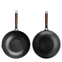 웍 kata 1pc non-coating iron wok 중국 전통 수제 wok for Kitchen pan 나무 손잡이 for gas 조리기구 3 6 people, 검은색, 32cm