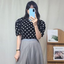 프롬하트 라운드넥 도트 땡땡이 퍼프소매 블라우스