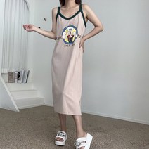 에이치스 가볍게입기좋은 빈티지프린팅 끈 면나시 롱원피스