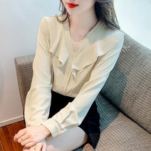 여성용 프릴 브이넥 긴팔 블라우스 하늘비즈 A31 P425A635