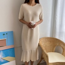 (몬스비) 루즈핏 라운드넥 반팔 밑단 프릴 니트 롱 원피스 5color 봄 여름 양두