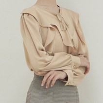 PLUVIA 가을 긴팔 러플 넥스트링 블라우스 자체제작
