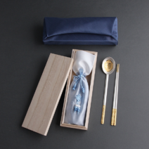 온천하 금부수복 은수저 24K금도금 순도 99% 1벌 생신 결혼 부모님 선물세트, 인쇄있음, 블루보자기