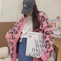 여성 호피 가디건 레오파드 무늬 배색 니트 겨울 스웨터 가디건