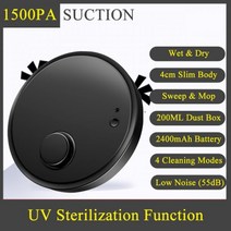 1500pa 로봇 진공 청소기 (UV 살균 포함) 건식 습식 세정기 스마트 소독 바닥 스위퍼 카펫 청소 Robo, Regular Black