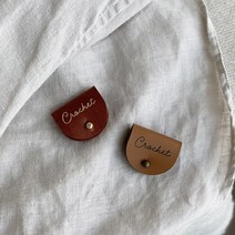 크로셰 양면 가죽 니팅태그 반접는 가죽라벨 라운드형, 오일 레드브라운 금박