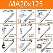 MA20 시리즈 스테인레스 스틸 미니 공기 공압 실린더 25-500mm 스트로크 복동 피스톤, MA20X125, Cylinder And CS1-U