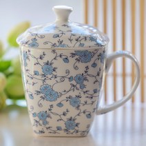 플라워 사각 본차이나 도자기 손잡이 머그 컵 세라믹 꽃무늬 모닝 아침식사 커피잔, 블루 블러썸