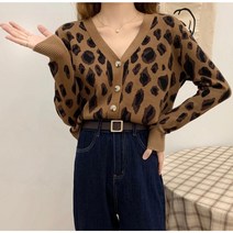 여성용 여성가디건 니트가디건 브이넥 호피 가디건 캐주얼 봄가을-D5G2
