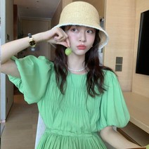 바스락원피스 아일렛원피스 펀칭원피스 여름하객룩 바캉스 그린 스트랩 셔링 퍼프 쉬폰 빅사이즈