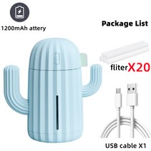 선인장 충전식 휴대용 무선 가습기 센셜 오일 디퓨저 340ml 배터리 휴미디파이어 1200mAh, 블루 글리터 20